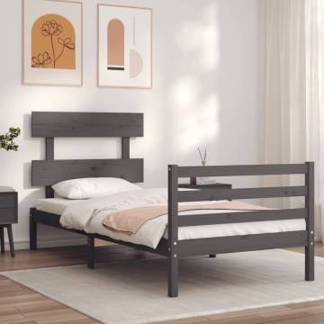 Grey Bed Frame with Headboard - 90x200 cm Solid Wood | HipoMarket