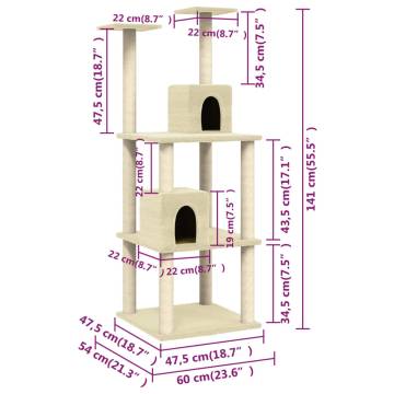 Cat Tree with Sisal Scratching Posts - Cream 141 cm