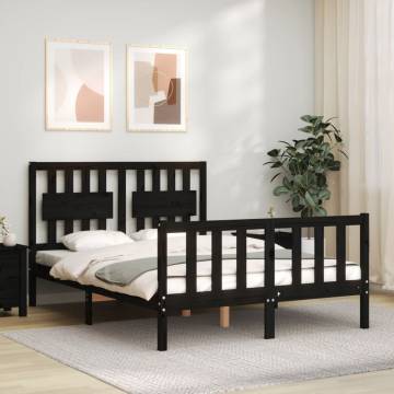 Stylish Black Bed Frame with Headboard - 140x190 cm Solid Wood