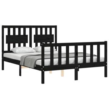 Stylish Black Bed Frame with Headboard - 140x190 cm Solid Wood