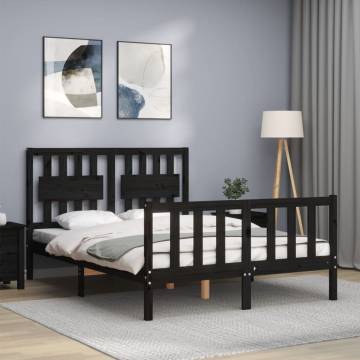 Stylish Black Bed Frame with Headboard - 140x190 cm Solid Wood