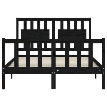 Stylish Black Bed Frame with Headboard - 140x190 cm Solid Wood