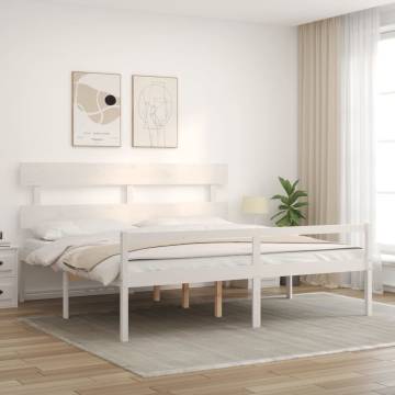 White Super King Size Bed Frame with Headboard - Solid Wood