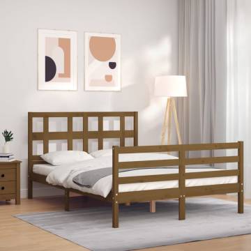 Honey Brown Small Double Bed Frame with Headboard - Solid Wood