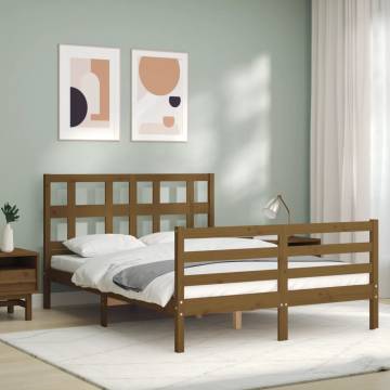 Honey Brown Small Double Bed Frame with Headboard - Solid Wood