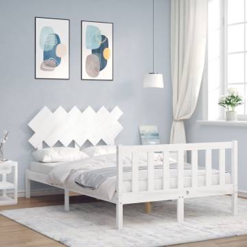 Stylish White Double Bed Frame with Headboard - Solid Wood