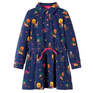 Kids' Dress with Long Sleeves & Drawstring - Navy 128