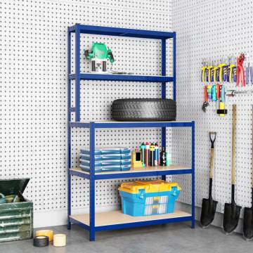 5-Layer Work Table with Shelves - Blue Steel & Wood | HipoMarket