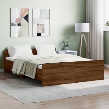 Brown Oak Double Bed Frame with Headboard & Footboard - 135x190 cm