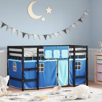 Kids' Loft Bed with Blue Curtains - Solid Pine | HipoMarket