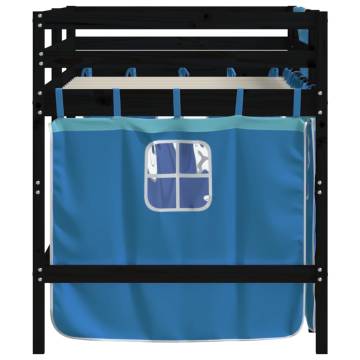 Kids' Loft Bed with Blue Curtains - Solid Pine | HipoMarket