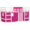 Kids' Loft Bed with Pink Curtains - Solid Pine Wood 90x200cm