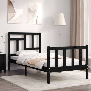 Black Small Single Bed Frame with Headboard - Solid Wood