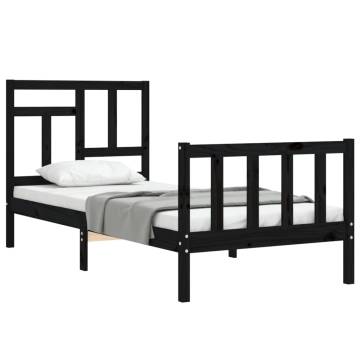 Black Small Single Bed Frame with Headboard - Solid Wood