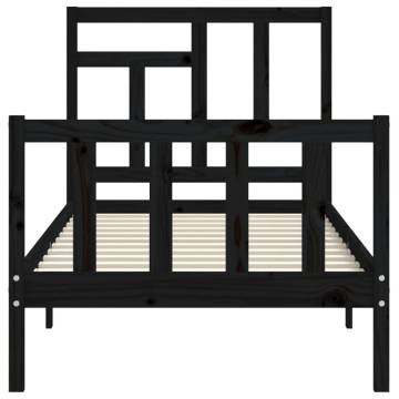 Black Small Single Bed Frame with Headboard - Solid Wood