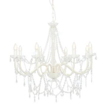 Elegant White Chandelier with Beads - 8 E14 Bulb Fixture