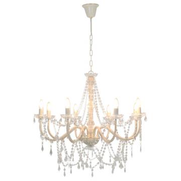 Elegant White Chandelier with Beads - 8 E14 Bulb Fixture