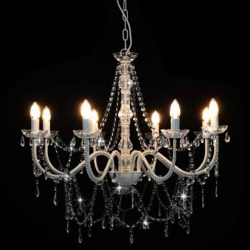 Elegant White Chandelier with Beads - 8 E14 Bulb Fixture