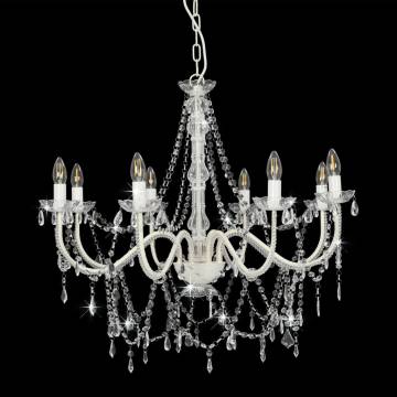 Elegant White Chandelier with Beads - 8 E14 Bulb Fixture