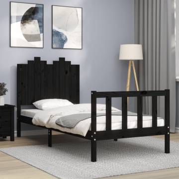 Black Solid Wood Bed Frame with Headboard - 90x200 cm