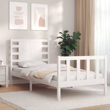 White Small Single Bed Frame with Headboard - Solid Pine