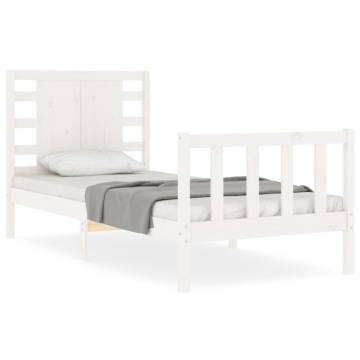 White Small Single Bed Frame with Headboard - Solid Pine