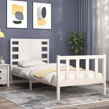 White Small Single Bed Frame with Headboard - Solid Pine