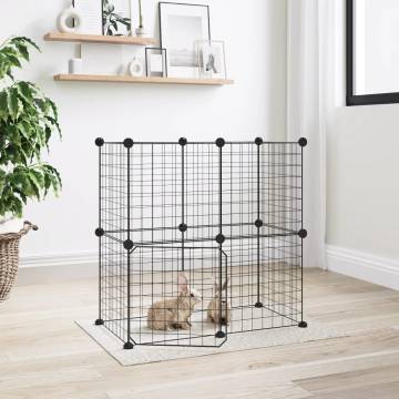 12-Panel Pet Cage with Door - Black Steel 35x35 cm | HipoMarket