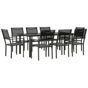 9 Piece Garden Dining Set - Elegant Black Steel & Textilene