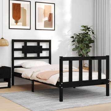 Black Small Single Bed Frame with Headboard - Solid Wood