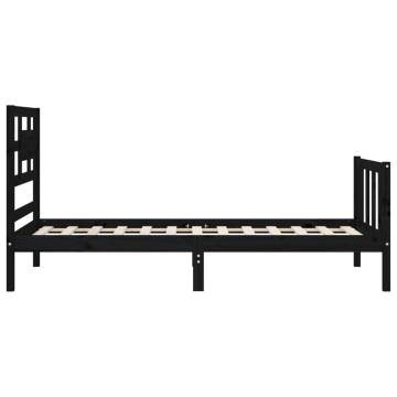 Black Small Single Bed Frame with Headboard - Solid Wood