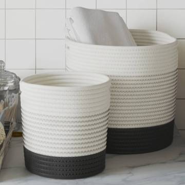 Stylish White & Black Cotton Storage Baskets - 2 Pcs Set