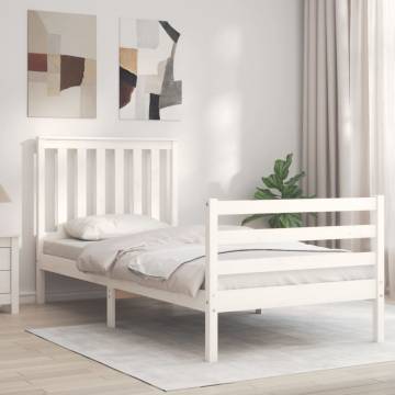 White Solid Wood Bed Frame with Headboard - 90x200 cm