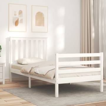 White Solid Wood Bed Frame with Headboard - 90x200 cm