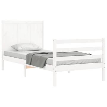 White Small Single Bed Frame with Headboard - Solid Wood