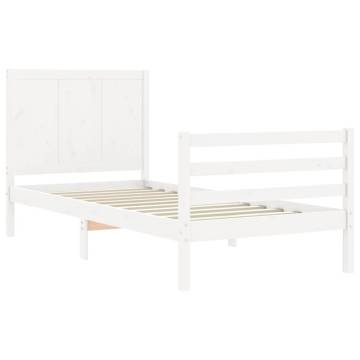 White Small Single Bed Frame with Headboard - Solid Wood