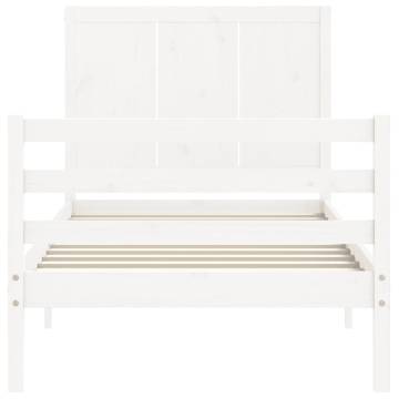 White Small Single Bed Frame with Headboard - Solid Wood