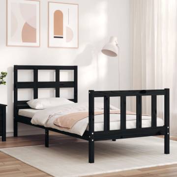 Stylish Black Bed Frame with Headboard - 90x200 cm Solid Wood