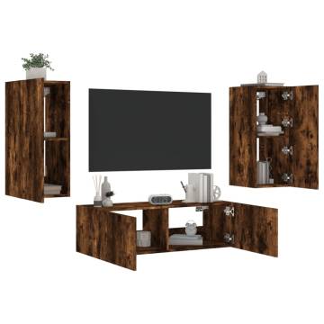 3 Piece TV Wall Cabinets with LED Lights in Smoked Oak