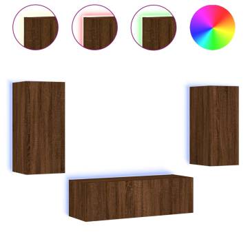 3 Piece TV Wall Cabinets with LED Lights - Brown Oak | HipoMarket