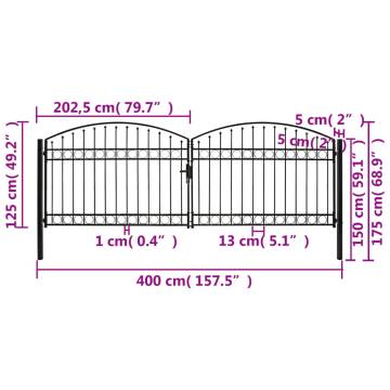 Double Arched Top Steel Fence Gate - 400x125 cm Black