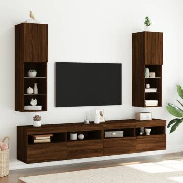 Stylish Brown Oak TV Cabinets with LED Lights - Set of 2