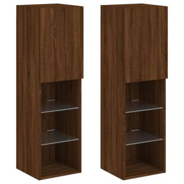 Stylish Brown Oak TV Cabinets with LED Lights - Set of 2