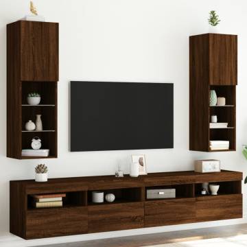 Stylish Brown Oak TV Cabinets with LED Lights - Set of 2