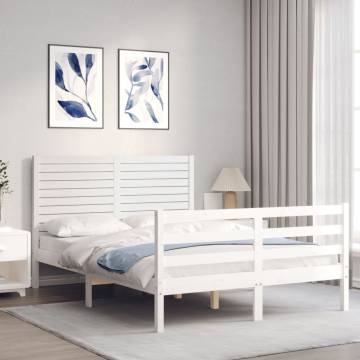 White Small Double Bed Frame with Headboard - Solid Wood