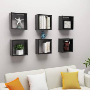 High Gloss Black Wall Cube Shelves - Set of 6 | Hipomarket UK