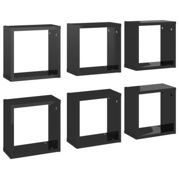 High Gloss Black Wall Cube Shelves - Set of 6 | Hipomarket UK