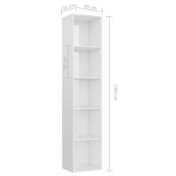 Stylish High Gloss White Book Cabinet - 40x30x189 cm