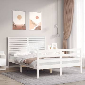 White Double Solid Wood Bed Frame with Headboard - Hipomarket UK