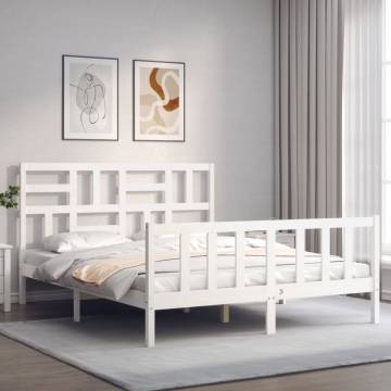 White King Size Bed Frame with Headboard - Solid Pine Wood